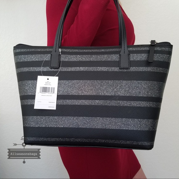 Kate spade HANI Haven lane stripe black grey tote - Picture 2 of 7